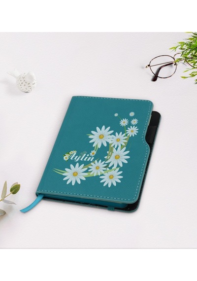 Kişiye Özel Papatya Temalı Turkuaz Termo Deri Defter-1