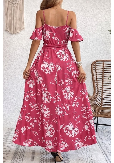 Efnaz Style Kadın Ip Askılı Kısa Kollu Kruvaze Yakalı Yırtmaçlı Desenli Süprem Elbise Kırmızı