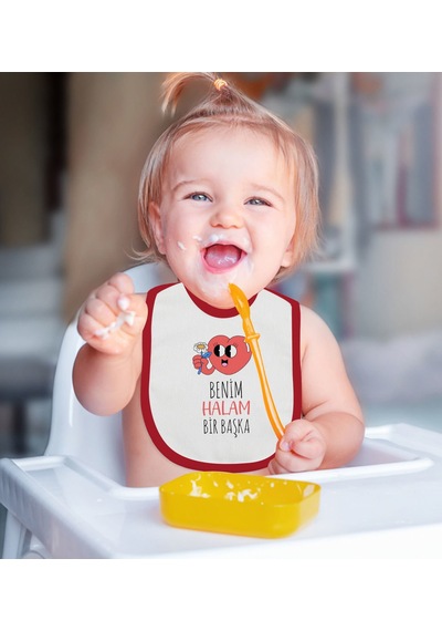 BK Kids Benim Halam Bir Başka Tasarımlı Kırmızı Bebek Mama Önlüğü Kırmızı