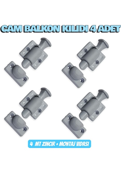 Cam Balkon Kilidi 4 Adet -gold Ve Fırtına Sistem Uyumlu Gri Renk Kilit