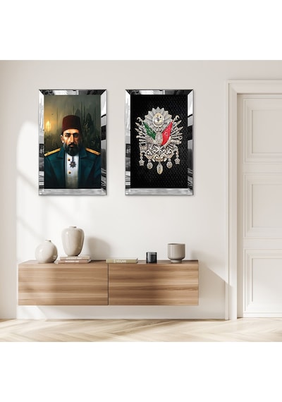Gümüş Aynalı Pleksi Çerçeveli Padişah Abdülhamid Ve Osmanlı Tuğrası İkili Mdf Tablo Seti