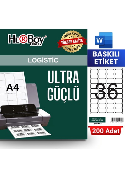 Herboy Hb-1036 45 X 30 Mm A4 Baskılı Laser Etiket 200 Adet