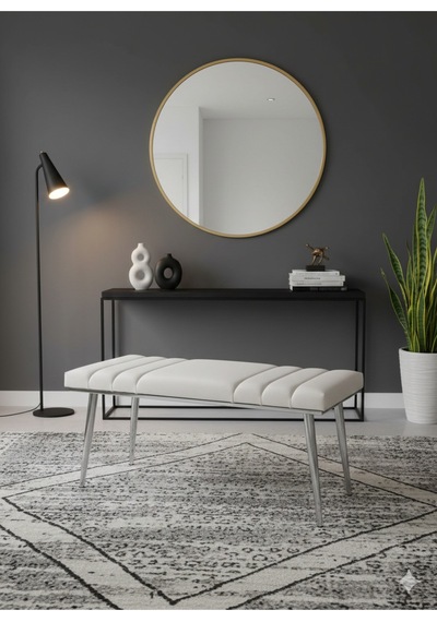 Özcan Metal Krom Metal Ayaklı Metal Kasalı Bench Mutfak Salon Antre Yatak Odası Balkon Puf Bank Krembeyaz
