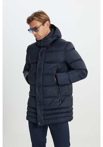 AC&Co / Altınyıldız Classics Erkek Lacivert Standart Fit Normal Kesim Çıkma Kapüşonlu Dik Yaka Yan Cepli Kaban Lacivert