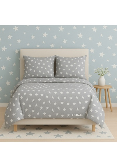 Lionas Çift Kişilik Desenli Nevresim + 2 Adet Kapaklı Yastık Kılıfı Gri