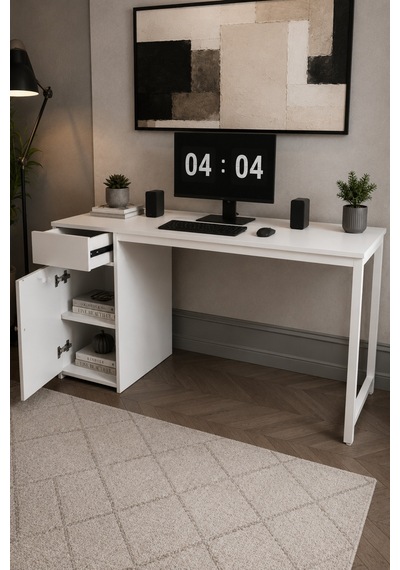 Beyaz Çekmeceli Kapaklı 160 Cm Çalışma Masası, Bilgisayar Masası, Ofis Masası, Metal Ayaklı, Raflı, Kesonlu