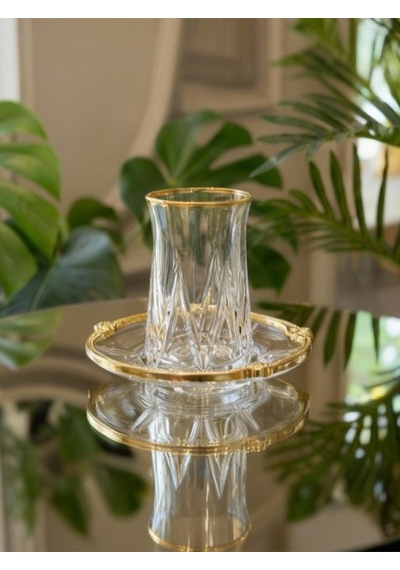 Elta Collection 12 Parça 6 Kişilik Kristal Kesim Çay Takımı Cam Çay Bardağı Ve Tabak Seti Altın