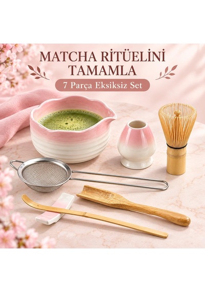 Valkyrie 7 Parça Matcha Seti Chasen Çırpıcı Chawan Kase Chashaku Kaşık Süzgeç Ve Stand Pembe