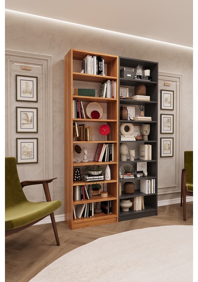 Asra Trend K-18 %100 MDF 120 cm 2 Modüllü Kitaplık 14 Raflı Kütüphane Petra-Koyu Gri