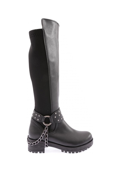Dgn 607 Kadın Bilek Tokalı Zincir Detaylı Arkası Stretch Knee High Flats Çizme Siyah