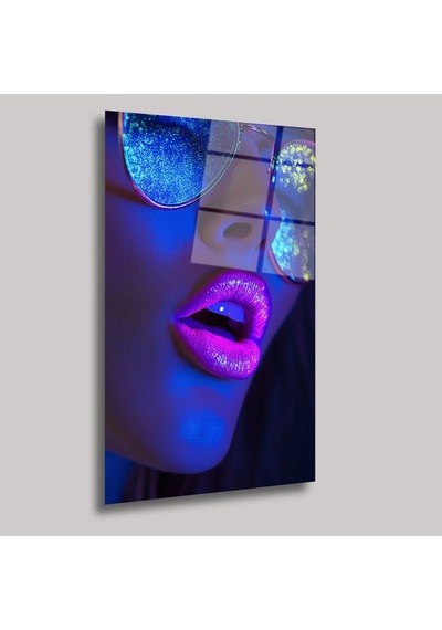 Neon Detaylı Kadın Yüzü Cam Tablo Modern Portre Duvar Dekoru 50