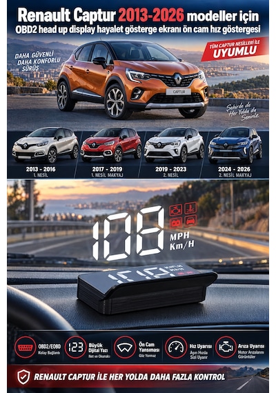 Renault Captur 2013-2026 Modeller İçin Obd2 Head Up Display Hayalet Gösterge Ekranı Ön Cam Hız Göstergesi