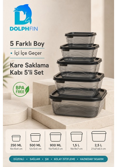 5 Li Kare Saklama Kabı Seti Kapaklı 250 Ml 500 Ml 900 Ml 1,5 L 2,5 L Bpa İçermez Siyah