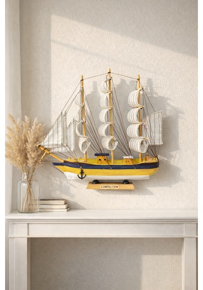 Büyük Boy El Yapımı Ahşap Yelkenli Gemi Maketi 33 X 33 Cm Dekoratif Premium Hediyelik 531-c