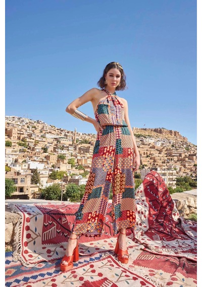 L'ombre Etnik Desenli Saten Tulum Renkli Geometrik