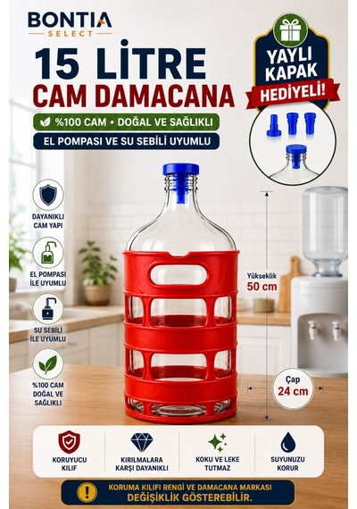 15 Litre Cam Damacana Koruyucu Kılıflı Yaylı Kapak Hediyeli Sebil Ve El Pompası Uyumlu %100 Cam Damacana Şeffaf