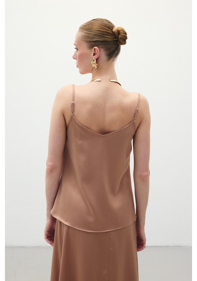 Sateen Degaje Yaka Saten Bluz - Camel