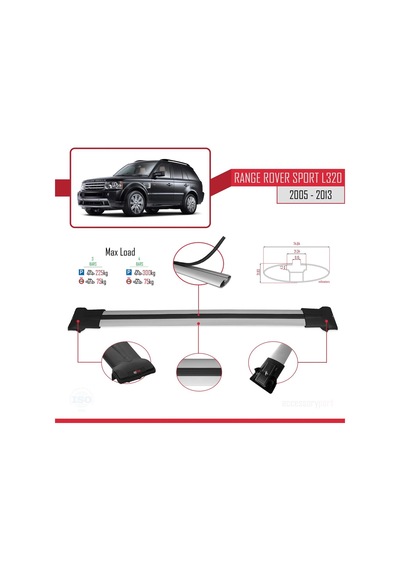 Land Rover Range Rover Sport L320 2005-2013 Arası İle Uyumlu Fly Model Ara Atkı Tavan Barı Gri 3 Adet Bar