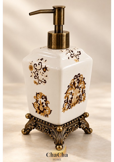 Chacha Home Aurelia Seramik Sıvı Sabunluk 470 Ml Antik Bronz Görünümlü Ayaklı Ve Pompalı 22 Cm Bej - Krem