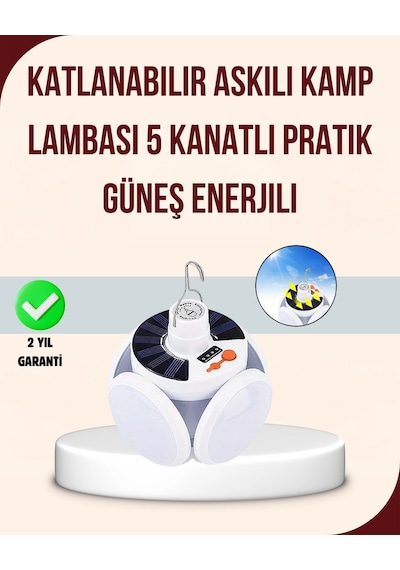Güneş Paneliyle Şarj Olan Katlanabilir Led Çadır Lambası 5 Kademeli Aydınlatma Çok Renkli