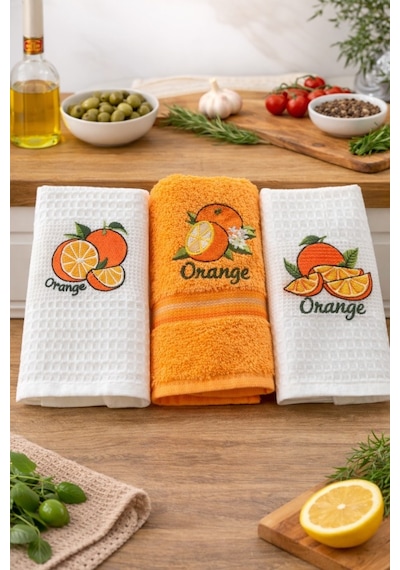 3 Lü Nakışlı Waffle Mutfak Havlusu 40x60 Cm Yumuşak & Süper Emici Turuncu