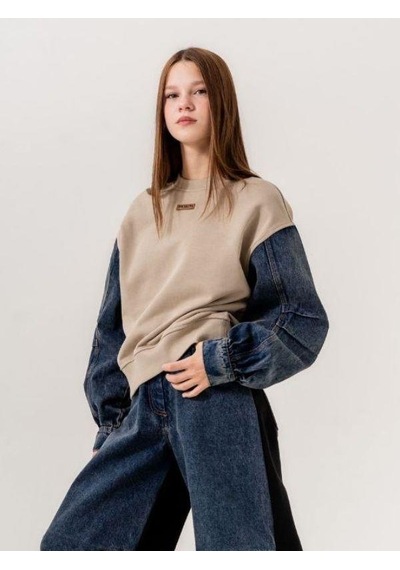 Kız Çocuk Mevsimlik Denim Kol 3 İplik Sweatshirt-14774 Kahverengi Kız Çocuk Mevsimlik Denim Kol 3 İplik Sweatshirt-14774 Kahverengi