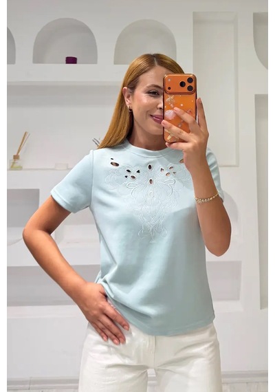 Fiolin Soft Touch Modal Kumaş Nakışlı Lazer Kesim T-shirt Mint Yeşili