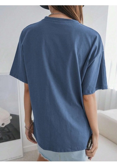 Flood Of Style Kadın Indigo Mavi Penguen Baskılı Oversize T-shirt Lacivert