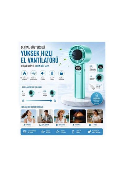 F-21 Şarjlı El Fanı Dijital Göstergeli Serinletici Fan 120 Kademe Hız Ayarı Pil Şarj Göstergesi Mini Vantilatör Klima