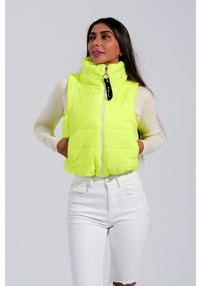 Keyifli Moda Kadın Neon Yeşil Sırtı Taş İşlemeli Dik Yaka Kısa Şişme Yelek-neon Yeşil Neon Yeşil