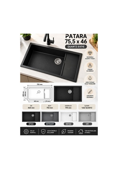 Granit Evye Patara Series Siyah Renk En:460 Mm Boy :755 Mm Derinlik :195 Mm