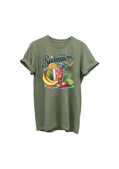 Summer Vibes Yazılı Meyve Kokteyli Ve Tropik Desenli %100 Pamuk Regular Fit Unisex T-shirt Haki