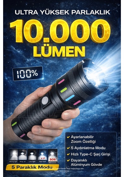 Çok Güçlü Led El Feneri Yüksek Güç Şarj Edilebilir Taktik El Feneri Kamp Lambası 10000 Lümen Çok Renkli