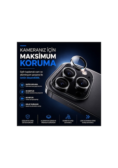 Safir Lens İphone 17 Air Uyumlu Kolay Kurulum Aparatlı Alüminyum Çerçeveli 9h Kamera Lens Koruyucu Mavi