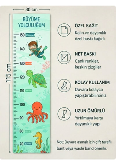 Boyanabilir 3 Lü Çocuk Boy Ölçer Seti Büyüme Yolculuğum Safari, Okyanus, Uzay 60-150 Cm Gerçek Ölçü