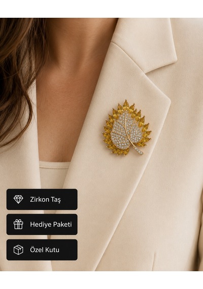 Hediye Sarı Taşlı Yaprak Kadın Broşu Gold Renk Kristal Taş Detaylı Açık Gri