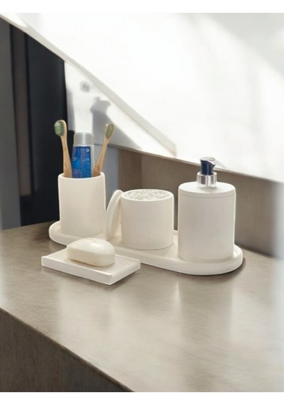 Mermer Desen Kırık Beyaz Beton Banyo Aksesuar Seti,tepsi,katı Ve Sıvı Sabunluk,pamukluk Beyaz