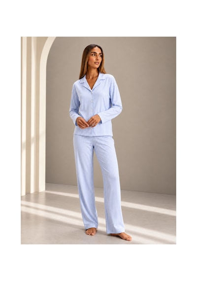 Womanandkids Mavi Kadın Önden Düğmeli Uzun Kollu Pijama Takımı