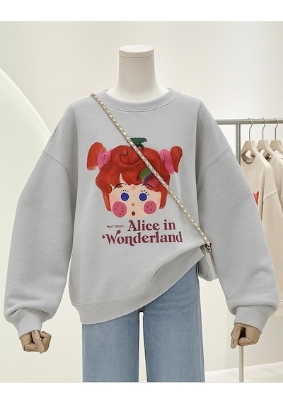 Benroma 3 İplik Penye Alice İn Wonderland Baskılı Unisex Sweatshırt Gri