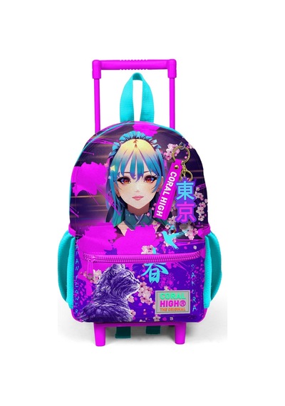 Minik Yuva Çekçekli Sırt Çantası Mor Pembe Anime Kedi Desenli İki Bölmeli 24053