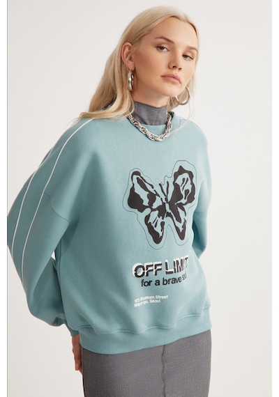 Grımelange Raketı Kadın Içi Polarlı Yumuşacık Bisiklet Yaka Biye Ve Parça Baskılı Relaxed Yeşil Sweatshirt