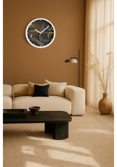 Şehir Manzara Temalı Modern Duvar Saati - 42cm - Önü Camlı Beyaz Kasa - Sessiz Mekanizma Beyaz
