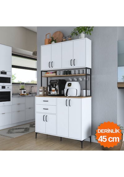 Rani Je213 Kahve Köşesi Çok Amaçlı Dolap 8 Kapaklı 2 Çekmeceli Raflı Kiler Mutfak Dolabı Beyaz - Sepet Ceviz Rani Je213 Kahve Köşesi Çok Amaçlı Dolap 8 Kapaklı 2 Çekmeceli Raflı Kiler Mutfak Dolabı Beyaz - Sepet Ceviz
