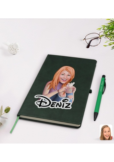 Kişiye Özel Kadın Karikatürlü Yeşil Termo Deri Defter Kalem Seti N11.3546