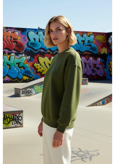 Benerly Kadın Bisiklet Yaka Düşük Kol Regular Kalıp Örme Sweatshirt Fonks Haki