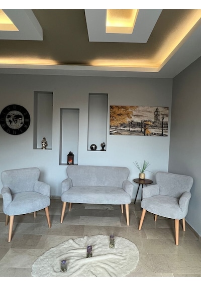 Azra Mobilya Azra Aksesuar Çay Seti Oturma Grubu, Puffy Kumaş, Koltuk Takımı, Ahşap Ayak, Balkon Bahçe Mobilyası Açık Gri