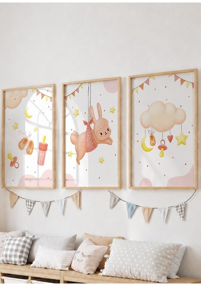 3'lü Bebek Odası Dekoratif Poster Tablo Ahşap Çerçeveli