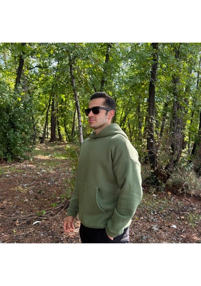 Erkek 3 İplik Basic Oversize Kanguru Cepli Kapüşonlu Sweatshirt Açık Haki