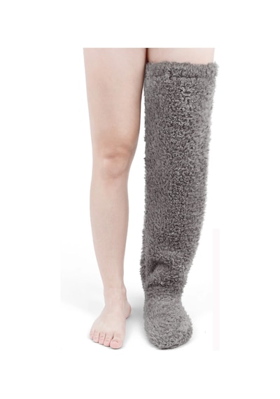 Sh Mağazacılık Gri Sock Peluş Uyku Çorabı Welsoft Diz Üstü Oda Çorabı Ayak Isıtıcı Uzun Gonç Çorap gri