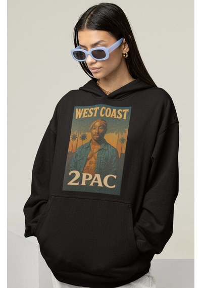 Sevbano West Coast Tupac Rapper Baskılı Unisex Oversize 2pac Şarkıcı Hood Siyah